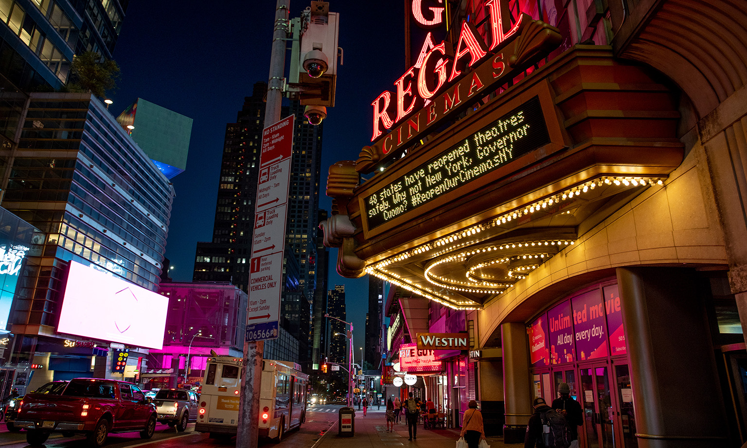 A movie theatre in New York City on Tuesday. Although the spike in Covid-19 hospitalisations in the US on Monday hit states in the Midwest the hardest, New York has also seen new hot spots pop up in New York City, leading Governor Andrew Cuomo to ann