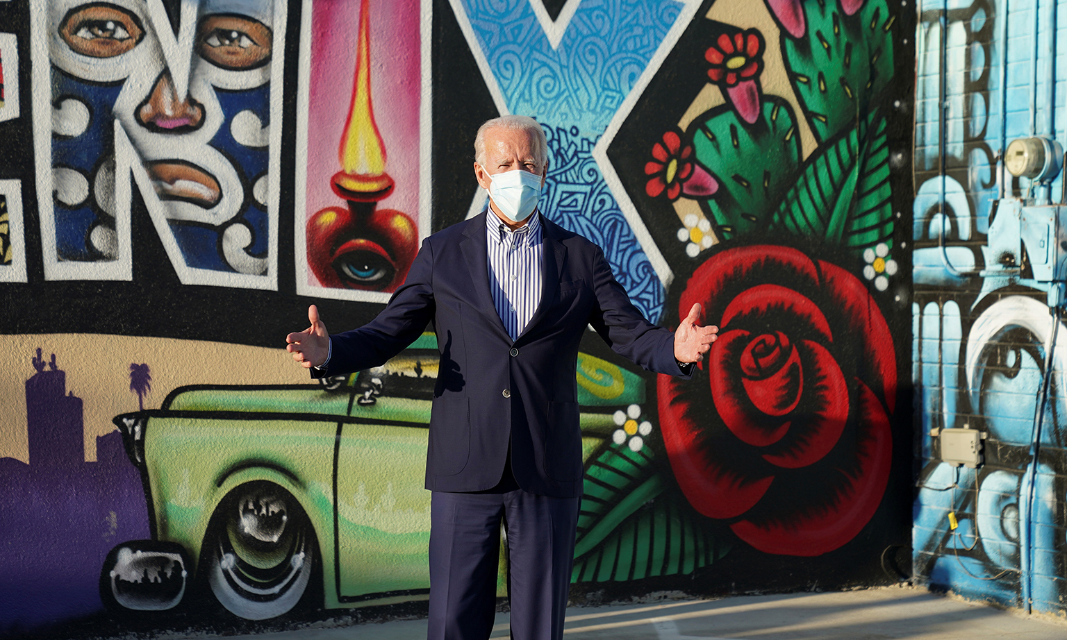 US Democratic presidential candidate Joe Biden on a small business bus tour while campaigning in Phoenix, Arizona, on Thursday. Americans are rushing to cast ballots ahead of the Nov 3 election at an unprecedented pace, early voting numbers show, ind