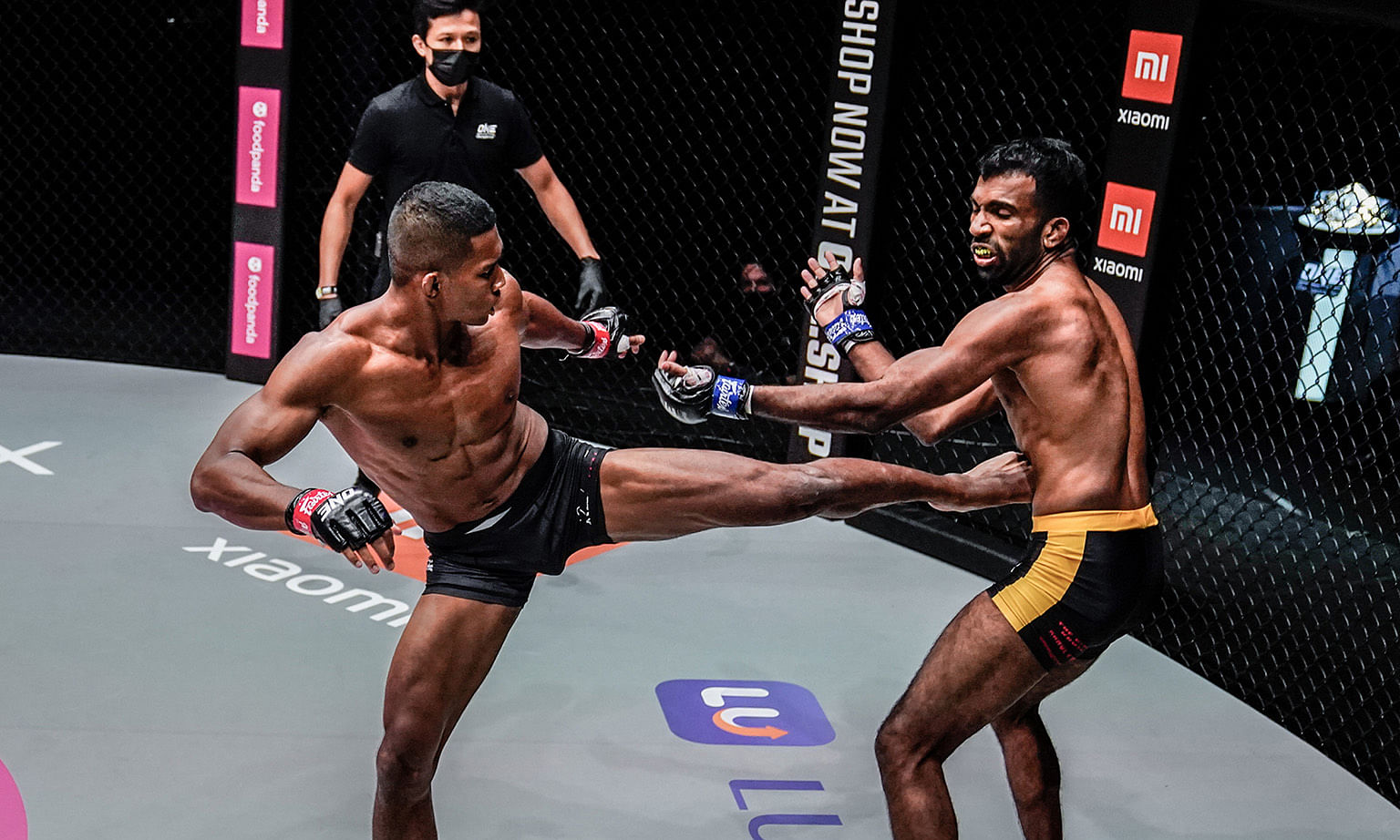 Singaporean MMA fighter Amir Khan landing a kick on India's Rahul Raju at One Championship's Reign of Dynasties event last night. Amir knocked out his opponent in the first round.