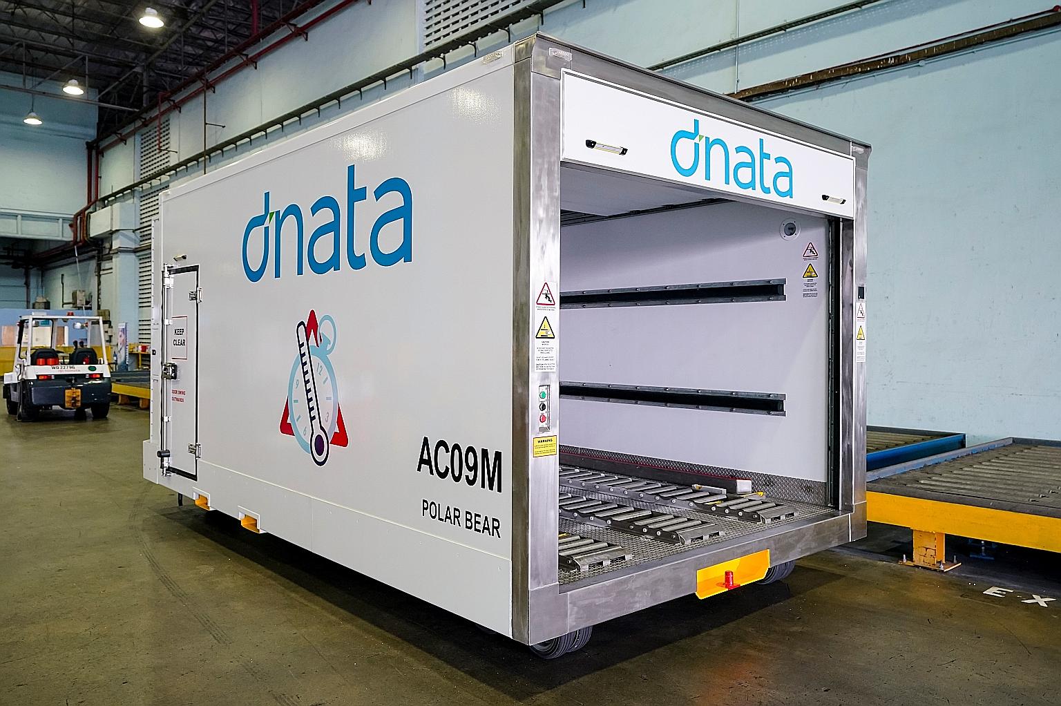 The cool dollies launched by dnata last week feature a closed temperature-controlled system that allows temperature-sensitive pharmaceutical goods to be transported between cargo warehouses and aircraft. PHOTO: DNATA SINGAPORE
