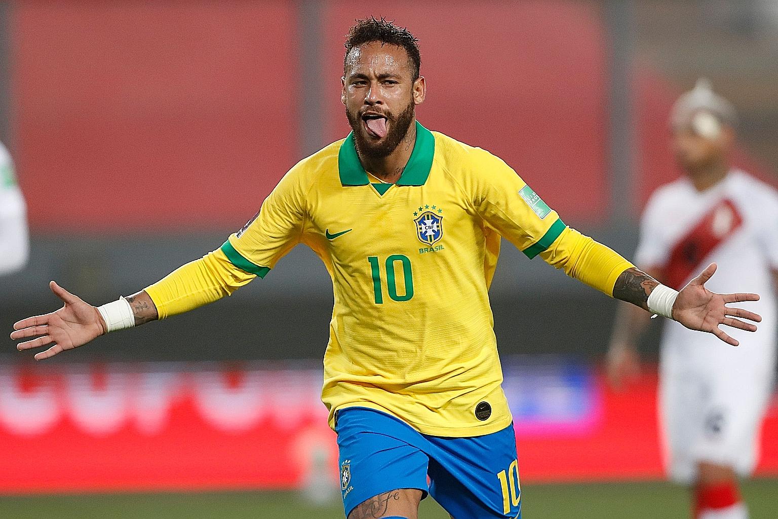 A joyous Neymar after putting Brazil 3-2 up against Peru with his penalty in the South American World Cup qualifier in Lima on Tuesday. He sealed the 4-2 win in added time with his 64th goal for the Selecao.