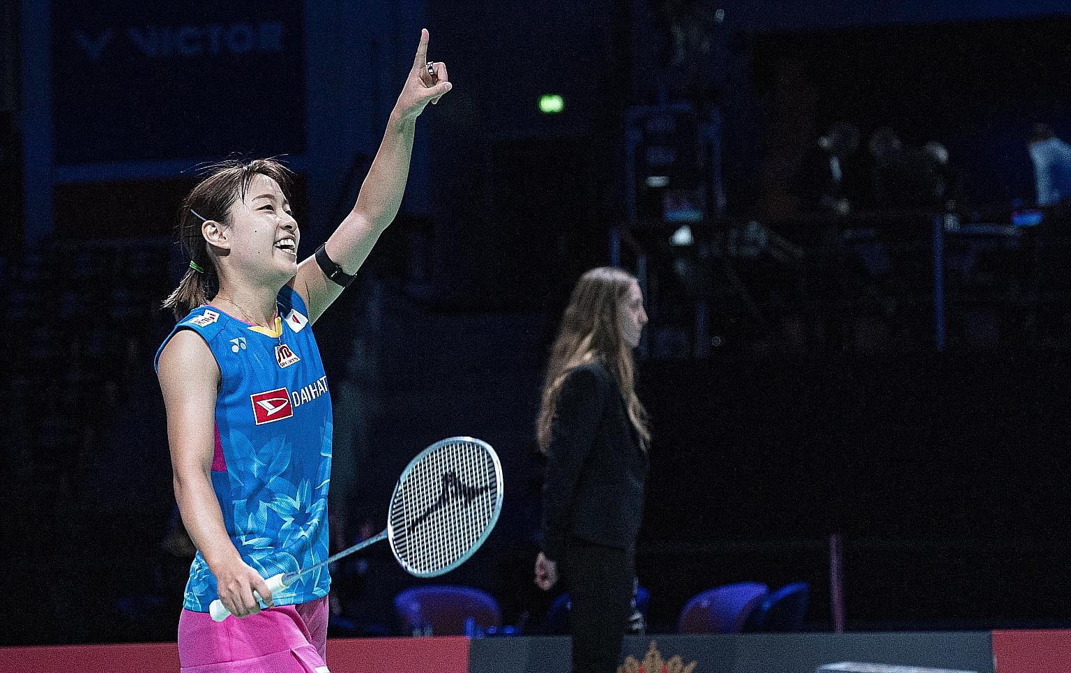 A joyous Nozomi Okuhara of Japan after beating Carolina Marin of Spain 21-19, 21-17 at the Denmark Open in Odense. It was the Rio 2016 bronze medallist's first badminton tour title after six recent straight losses in finals.