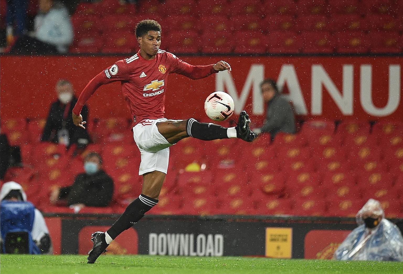Marcus Rashford in Manchester United's 0-0 Premier League draw with Chelsea on Saturday. He talks as loud with his heart off the pitch as he does with his feet on it. PHOTO: EPA-EFE