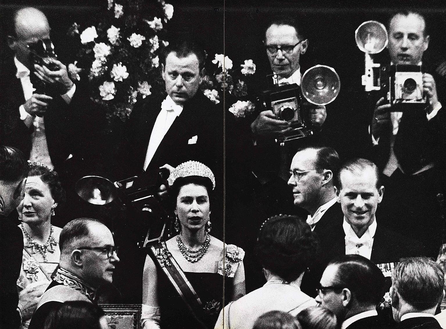 A picture taken in 1958 by Dutch photographer Ed van der Elsken of British regent Queen Elizabeth II (front row, centre) and her husband Prince Philip (left) in The Hague, with Dutch Queen Juliana and her husband Prince Bernard.