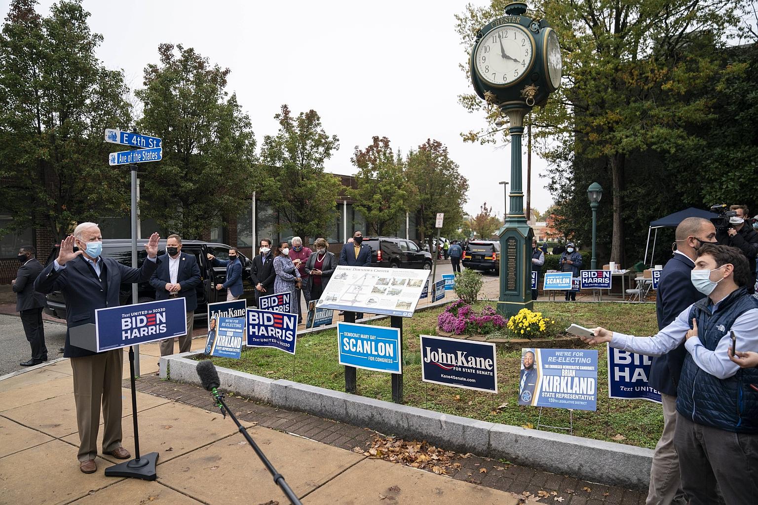 Democratic nominee Joe Biden speaking to reporters while visiting a voter mobilisation centre on Monday in Chester, Pennsylvania. Yesterday was the state's last day to request a mail-in ballot. PHOTO: AGENCE FRANCE-PRESSE