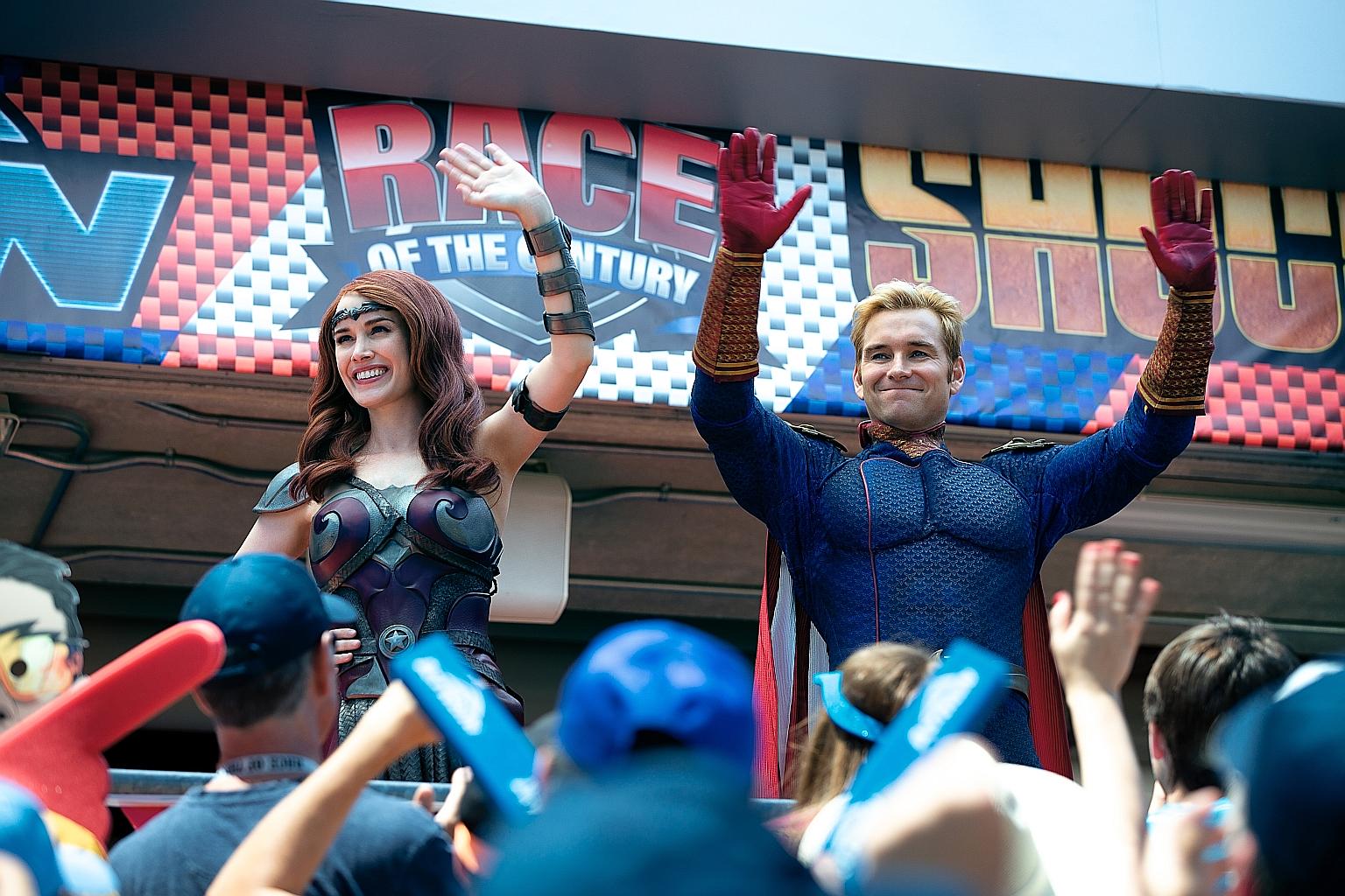 Queen Maeve (played by Dominique McElligott, left) and Homelander (Antony Starr, right) are part of the superhero team known as The Seven. However, behind closed doors, she is disillusioned and burnt out, while Homelander does not really care about t