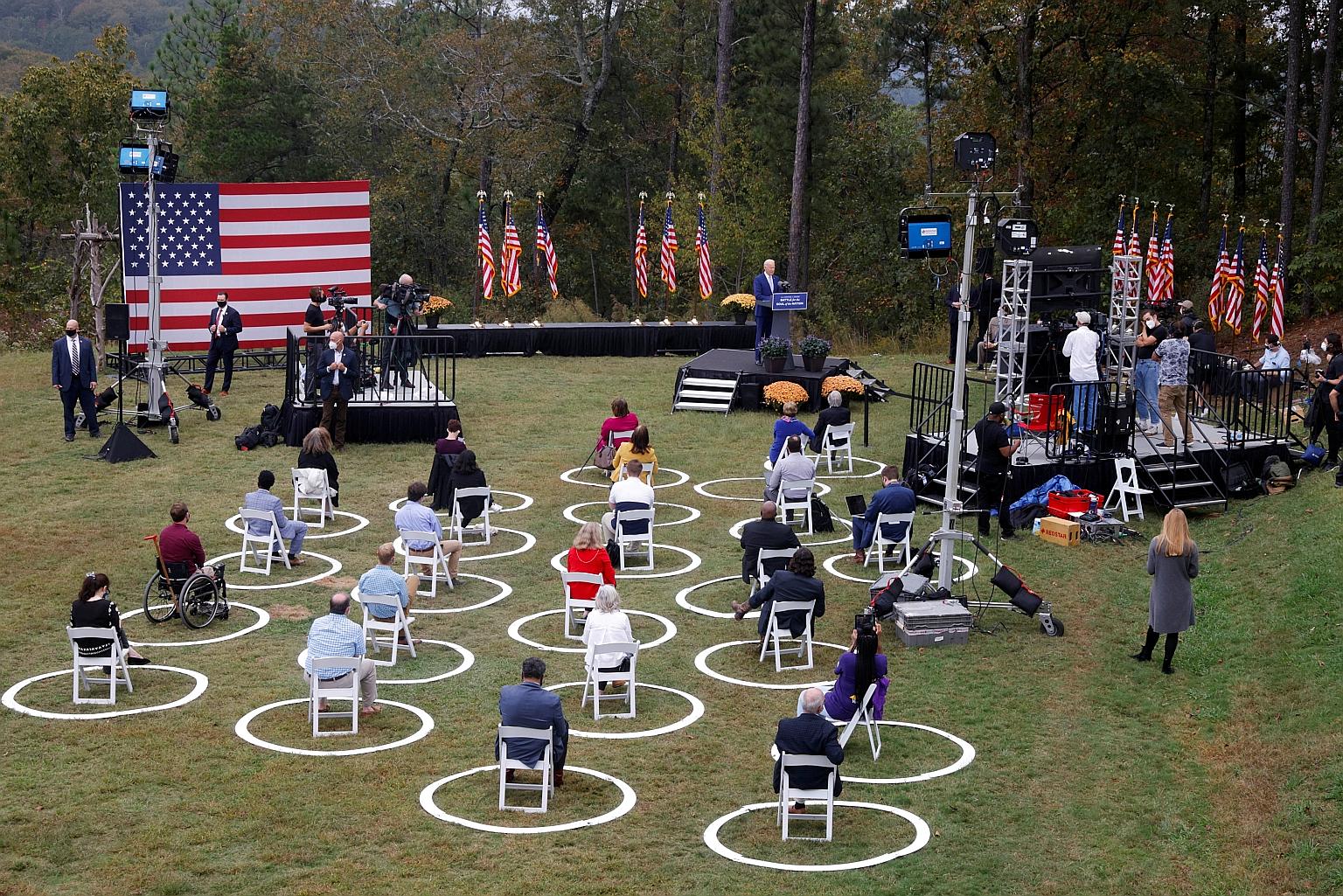 Mr Joe Biden addressing supporters during a socially distanced campaign event in Warm Springs, Georgia, on Tuesday. Polls show him running neck and neck with President Donald Trump in the state.
