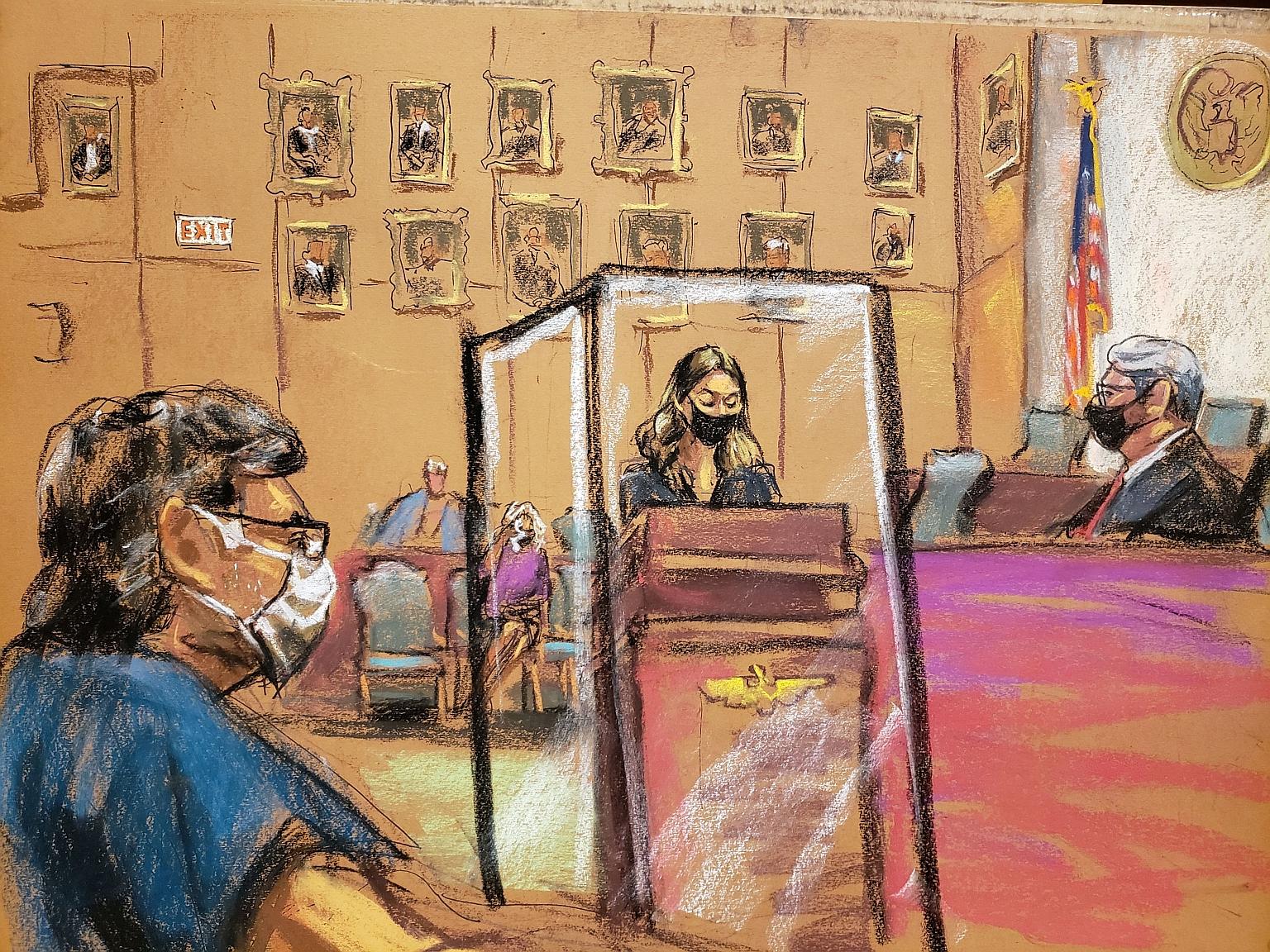 A courtroom sketch shows a witness identified only as Camila (centre) giving a victim impact statement on Tuesday, at the sentencing hearing in the sex trafficking and racketeering case against NXIVM cult leader Keith Raniere (left) inside the Brookl