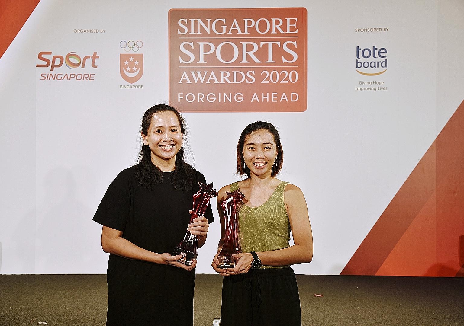 Coach of the Year Louise Khng (far right) and floorball former co-captain Debbie Poh with their trophies at the Singapore Sports Awards yesterday.