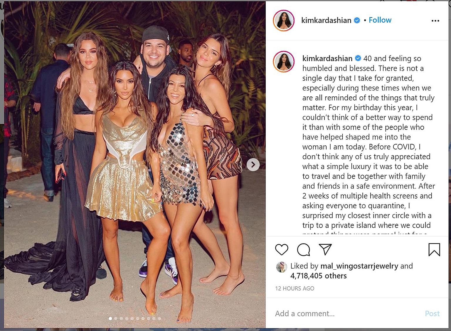 Kim Kardashian (front row, left) chartered a private jet to fly her entourage to a remote tropical island for a lavish 40th birthday celebration last week.