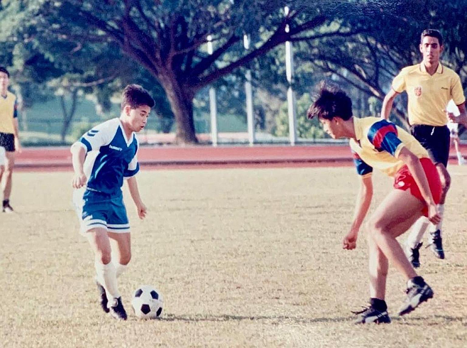 Mr Edwin Tong (far left), Minister for Culture, Community and Youth, playing football when he was an undergraduate. As a student-athlete, he had aspired to play on the hallowed turf of the old National Stadium. Now, he wants the younger generation to