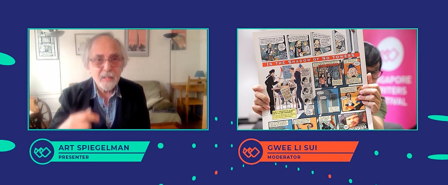 American cartoonist Art Spiegelman (right) speaks to moderator Gwee Li Sui (far right), who is holding up a copy of Spiegelman's 2004 comic book In The Shadow Of No Towers, in a virtual dialogue at Singapore Writers Festival.