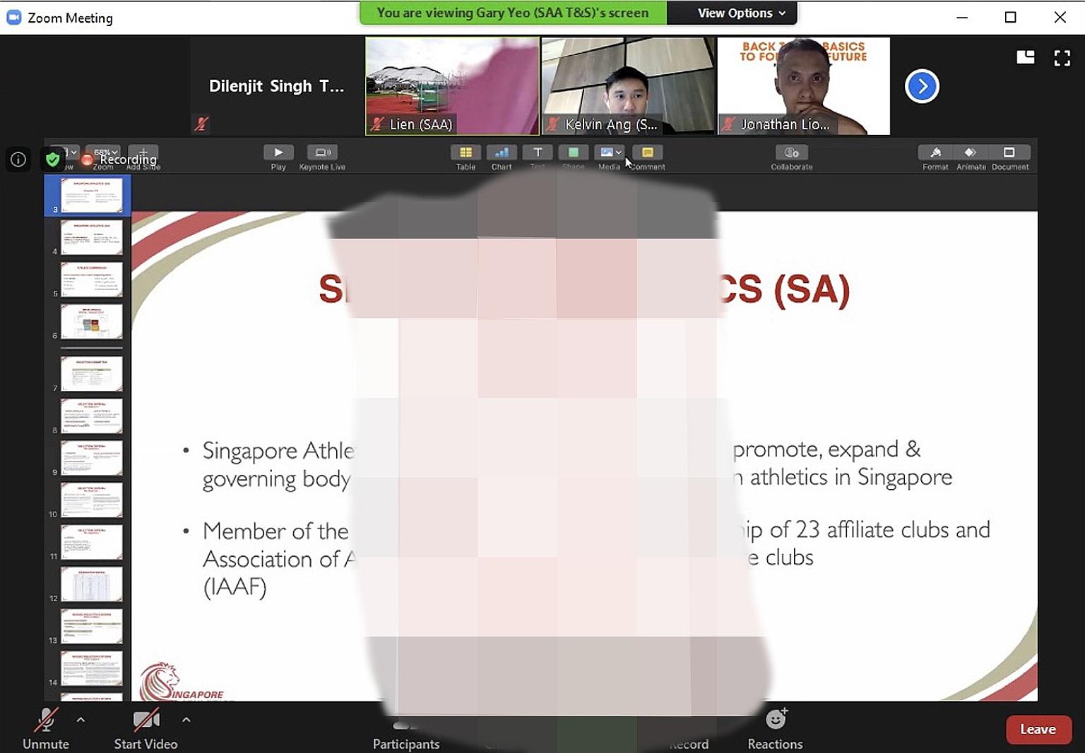 A screenshot which has an obscene image blurred out. The unedited version appeared during Singapore Athletics' virtual townhall.