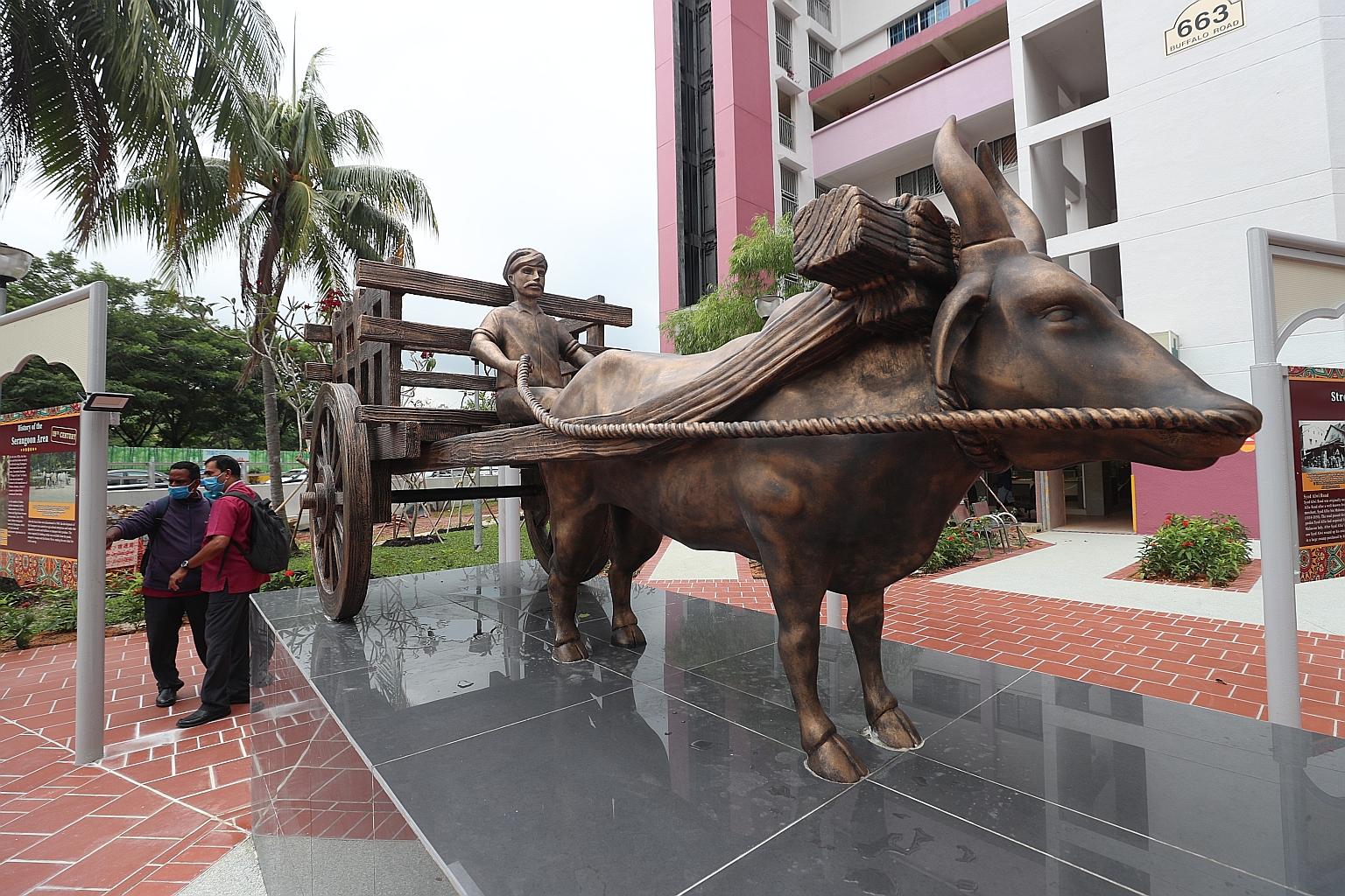 Located at the intersection of Buffalo Road and Serangoon Road, the statue recalls a time when cattle trading and the use of bullock carts were common in the area. Beside the statue are eight panels which describe the 200-year history of Little India