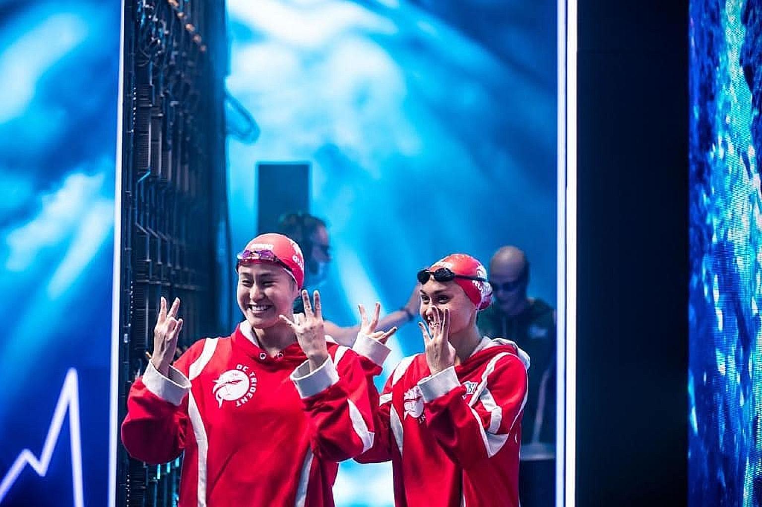 National swimmer Quah Ting Wen (left) with DC Trident teammate Remedy Rule at the International Swimming League. Surrounded by like-minded swimmers, Quah believes there is no fixed end date to something you love and that the passion will always draw