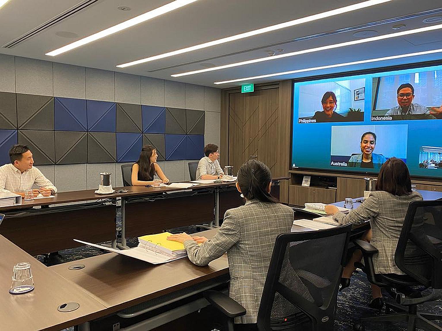 A mock hybrid arbitration hearing at Singapore's Maxwell Chambers. Arbitration hearings are closed-door and strictly confidential. A British parliamentary group report cited the development of Maxwell Chambers as part of a "holistic, forward-looking