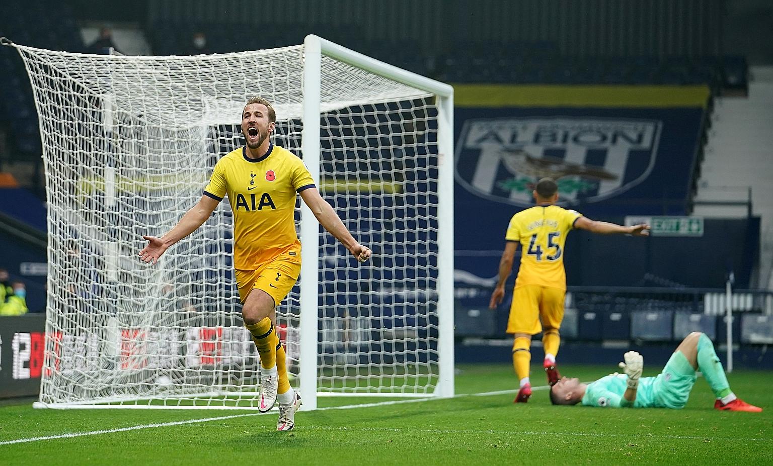 Tottenham striker Harry Kane celebrates after scoring his 150th Premier League goal in their 1-0 win over West Brom. He is in a good position to surpass Newcastle legend Alan Shearer's record of 260 goals.