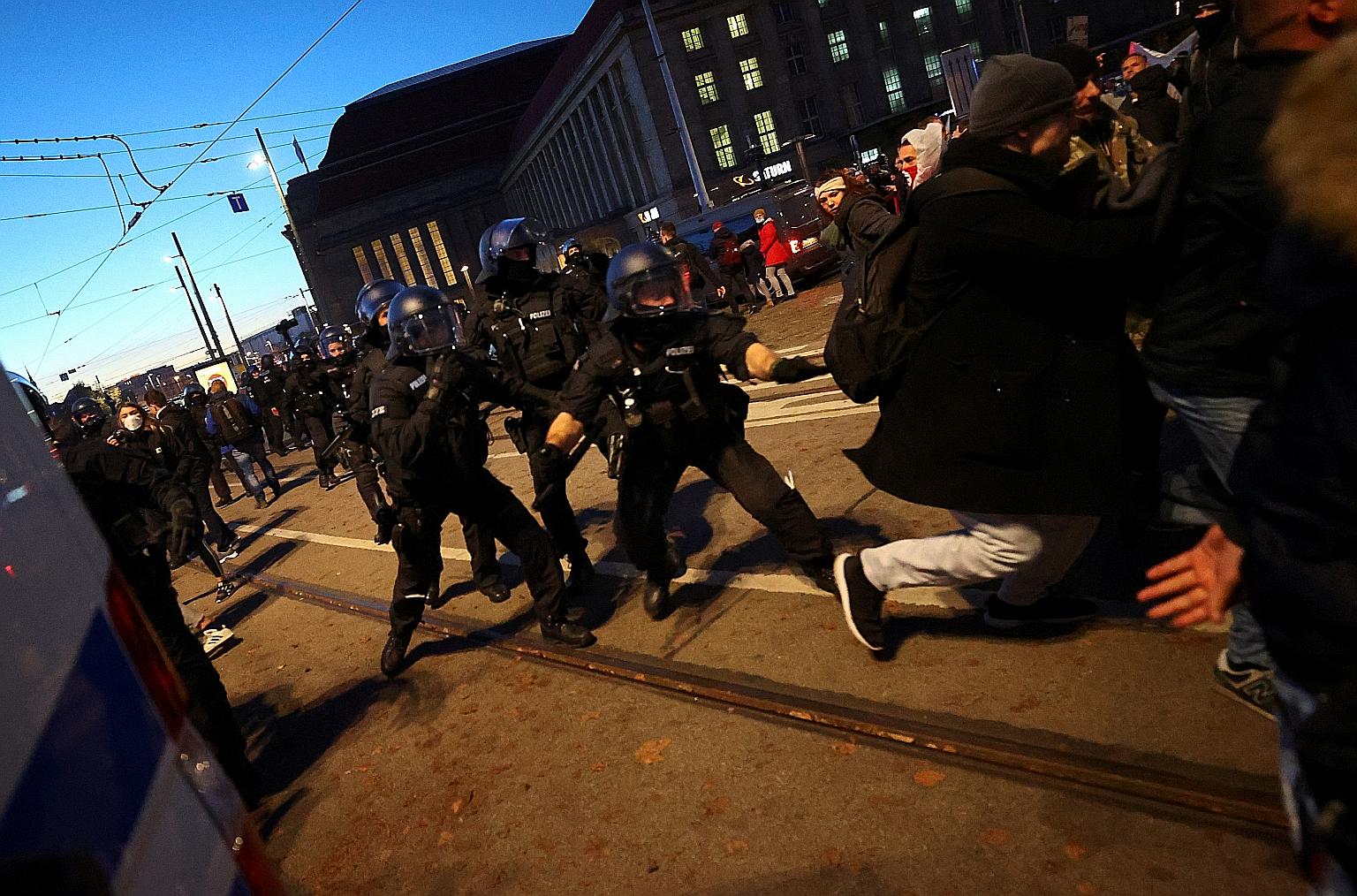 Police out in force on Saturday in the eastern German city of Leipzig, where they said they came under attack by demonstrators protesting against coronavirus restrictions. Ignoring dispersal orders, hundreds of people marched up one of Leipzig's main