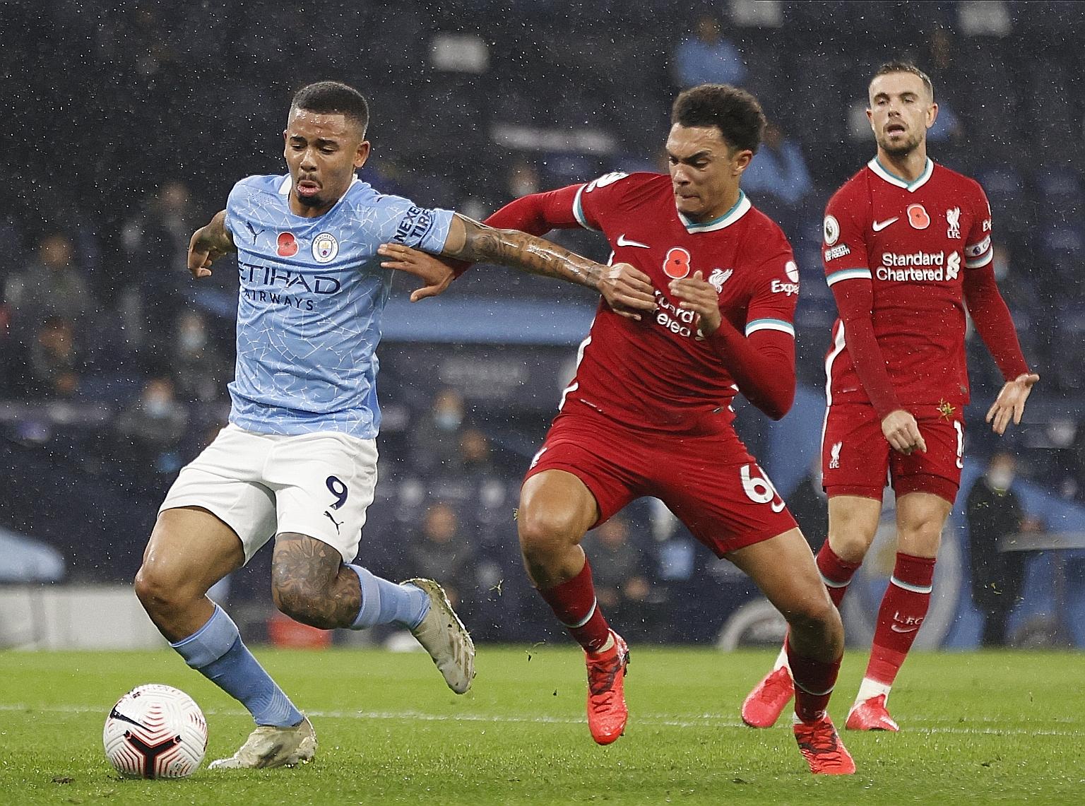 Manchester City's Gabriel Jesus getting past Liverpool's Trent Alexander-Arnold to score the equaliser in their 1-1 draw at the Etihad Stadium.