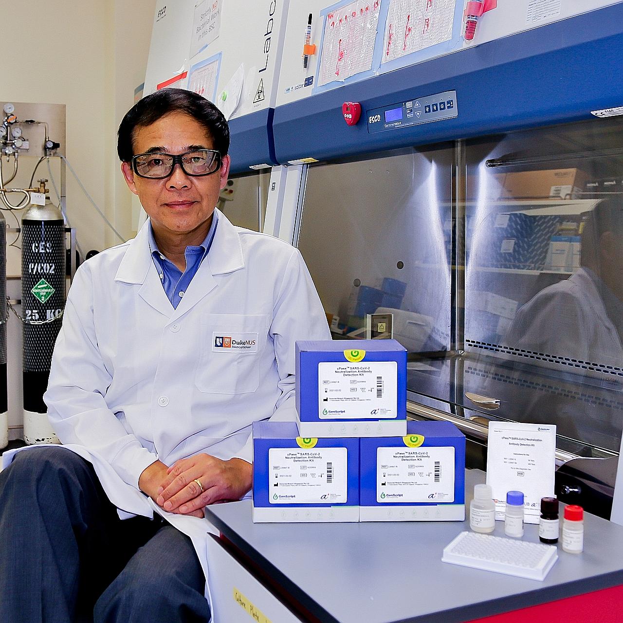 Professor Wang Linfa, director of Duke-NUS Medical School's emerging infectious diseases programme, with the cPass test kit. He led the team that invented cPass, which detects whether someone has antibodies that neutralise the coronavirus. PHOTO: DUK