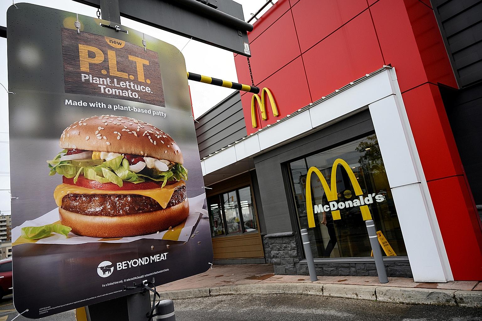 A sign promoting McDonald's new burger with a Beyond Meat plant-based patty at one of 28 test restaurant locations in Ontario, Canada, in October last year.
