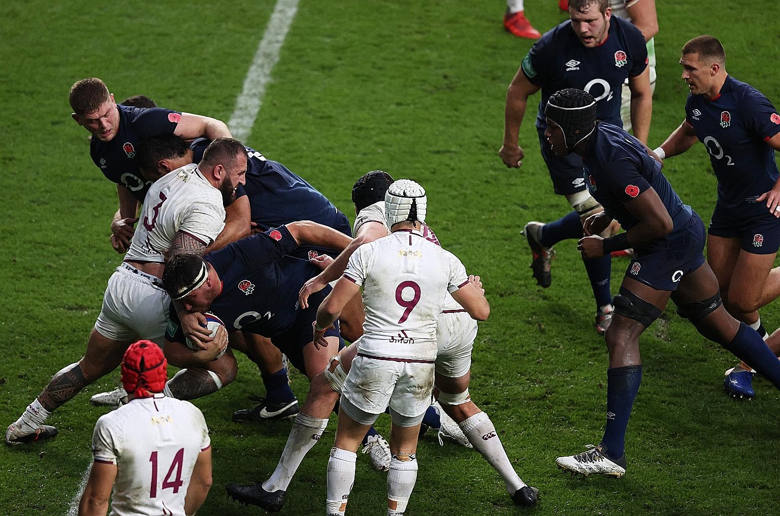 England hooker Jamie George scoring their second try against Georgia in the Autumn Nations Cup match at Twickenham on Saturday.