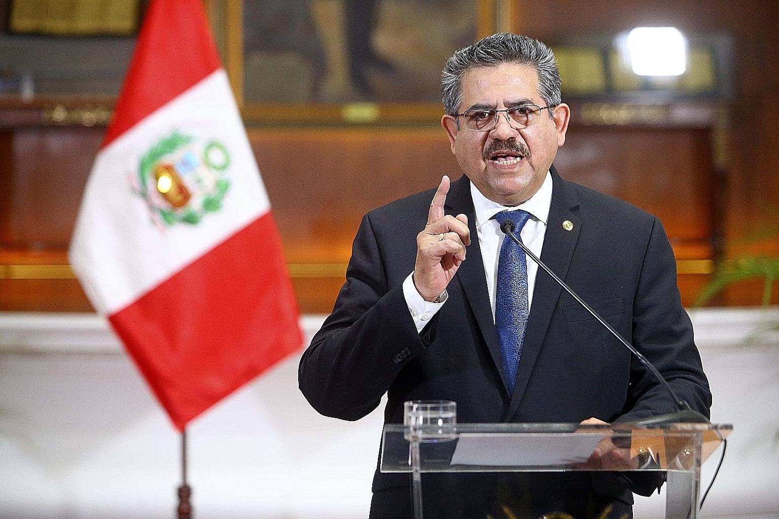 Peru's interim president Manuel Merino announcing his resignation from office during a message to the nation in Lima on Sunday.