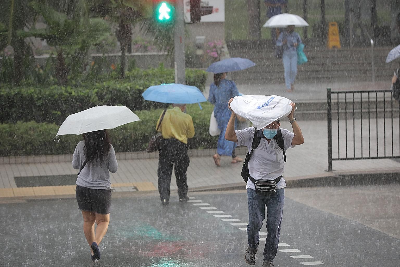 Pedestrians in Orchard Road shielding themselves during a heavy downpour earlier this month. The second half of this month is expected to be as wet as the first half as the monsoon rain band is forecast to remain over the South-east Asia region, said