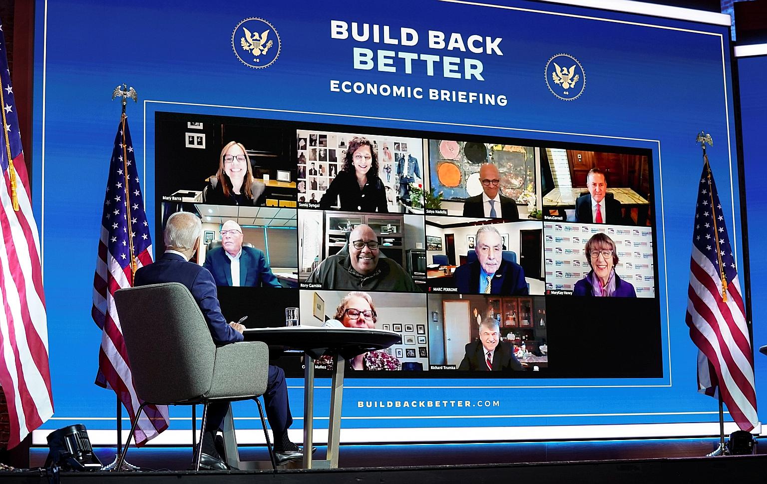 US President-elect Joe Biden at a virtual briefing on the economy with his economic advisers on Monday in Wilmington, Delaware. Mr Biden will inherit an economy that has suffered millions of job losses amid a pandemic that has killed more than 247,00