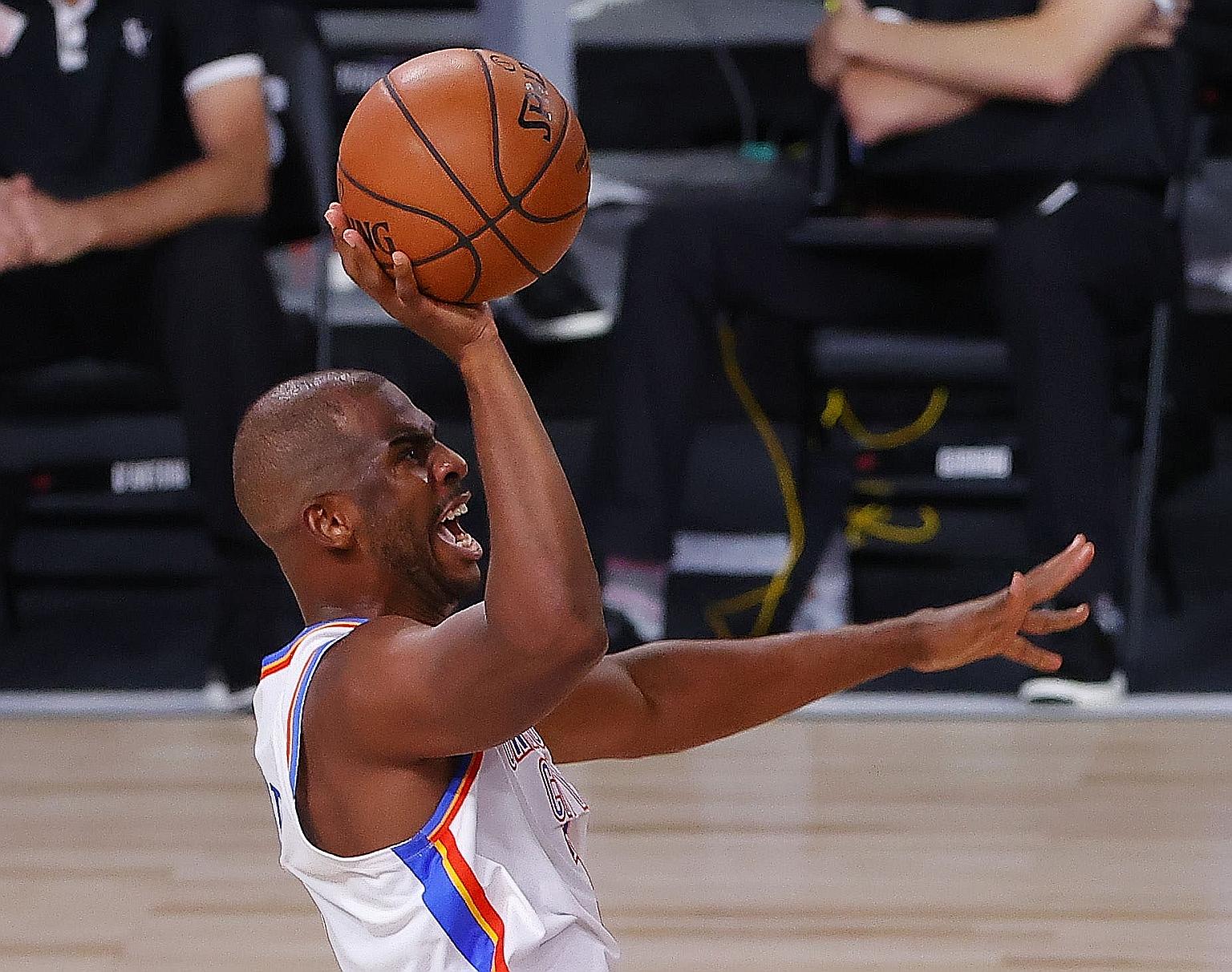 Chris Paul playing for Oklahoma City during their 4-3 play-off series loss to Houston.