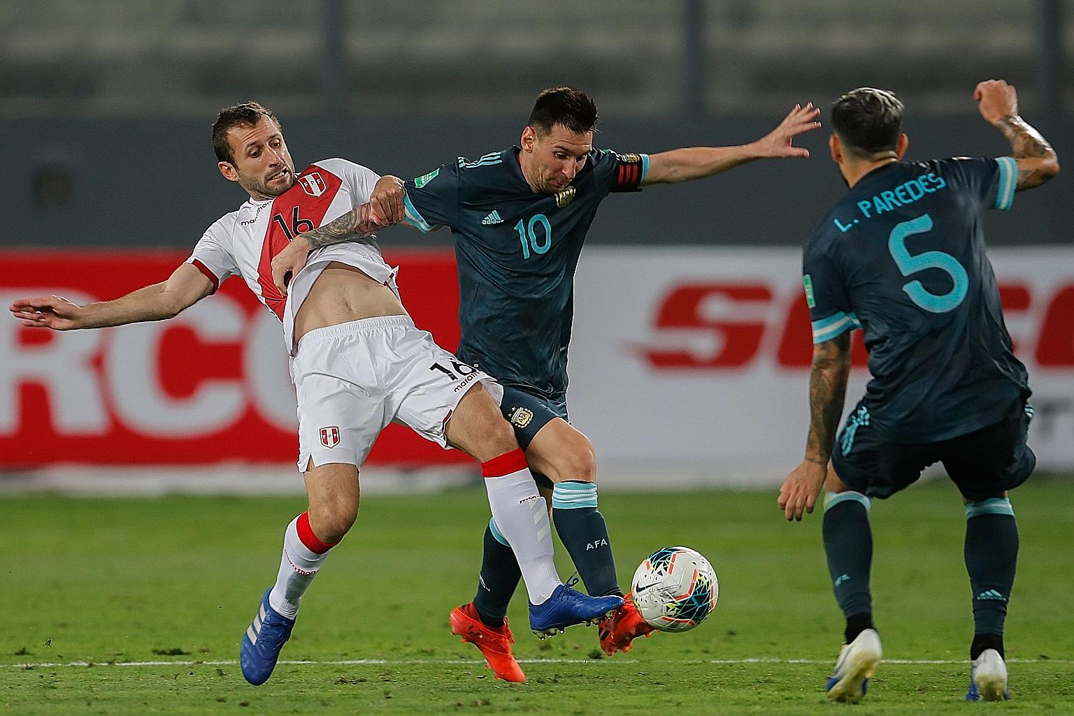 Lionel Messi on the ball during Argentina's 2-0 win over Peru in their South American World Cup qualifier on Tuesday.