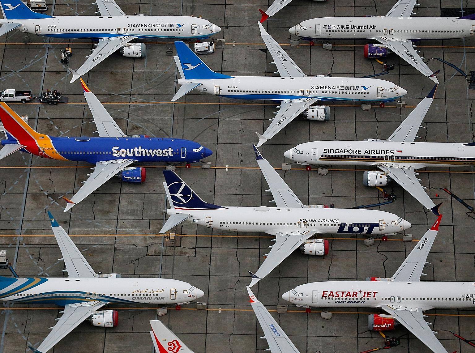 Grounded Boeing 737 Max aircraft at Grant County International Airport in Moses Lake, Washington. The US planemaker's jet will resume commercial service facing strong headwinds from a resurgent pandemic, new European trade tariffs and mistrust of one