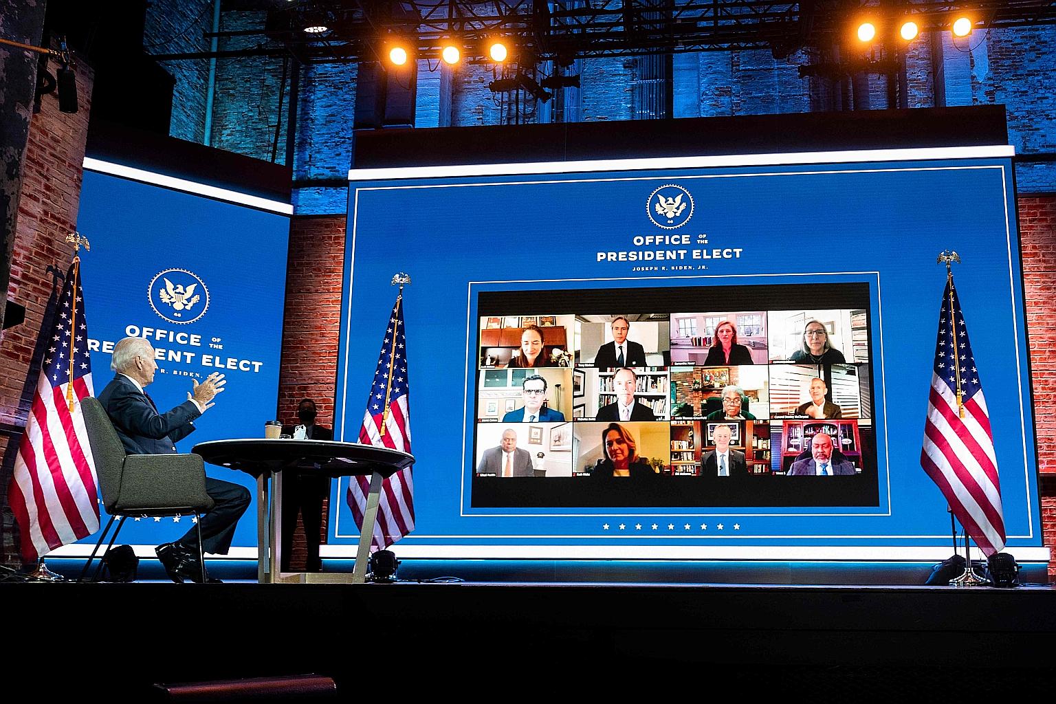 US President-elect Joe Biden speaking with former military, diplomatic and intelligence officials to discuss readiness at the relevant agencies during a video meeting in Wilmington, Delaware on Tuesday. PHOTO: AGENCE FRANCE-PRESSE