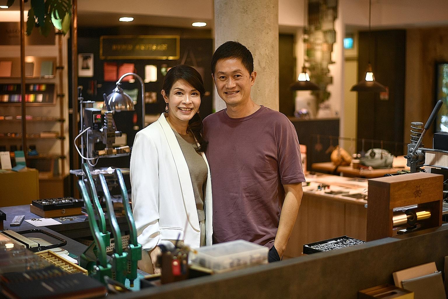 The co-founders of Bynd Artisan, Ms Winnie Chan and Mr James Quan, at the brand's flagship atelier in Holland Village. A third of Bynd Artisan's staff are men and women above the age of 50, and many who have mastered the tricks of the leather-working