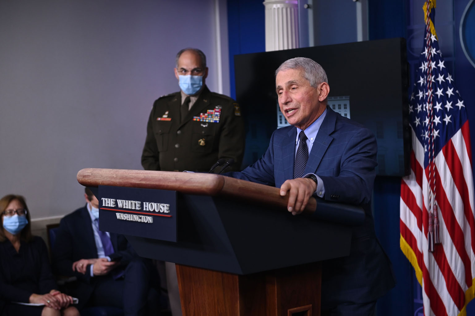 Top US infectious disease official Anthony Fauci addressing concerns about Covid-19 vaccines at a rare briefing by the White House task force on Thursday. He sought to dispel alarm over the speed at which the vaccines have been developed. PHOTO: AGEN