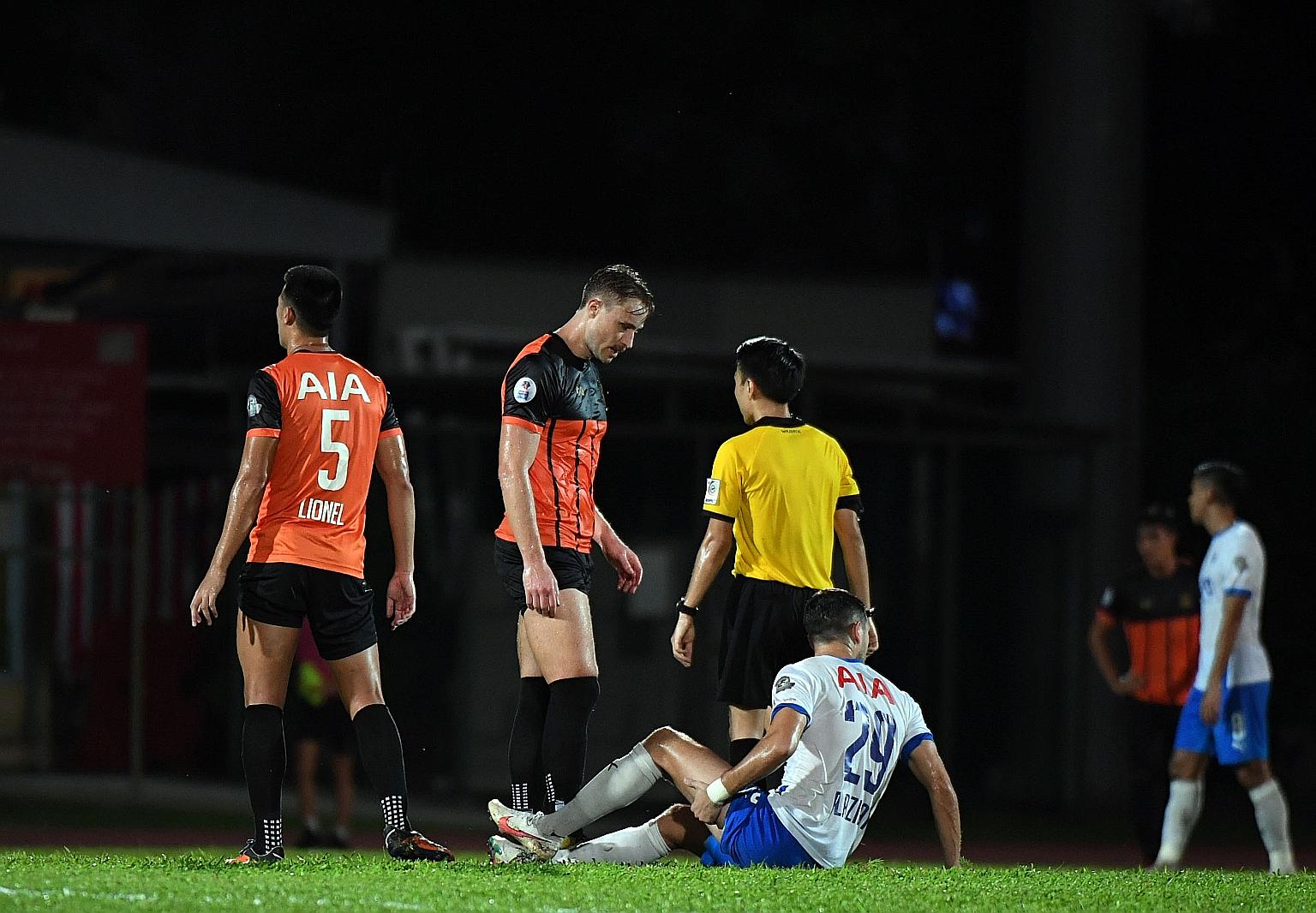 Lion City Sailors' forward Stipe Plazibat on the ground with an injury in their SPL match against Hougang last Tuesday. He has accounted for 14 of the Sailors' 29 goals, with the rest scored by nine different players.