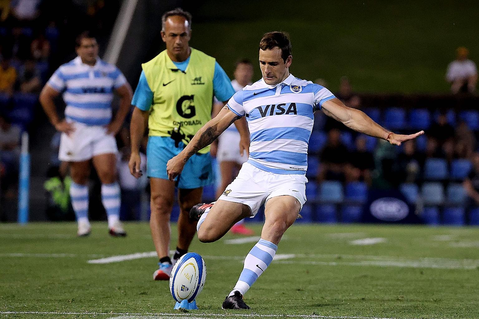 Argentina fly-half Nicolas Sanchez converting one of his five successful penalty kicks during their draw with Australia.
