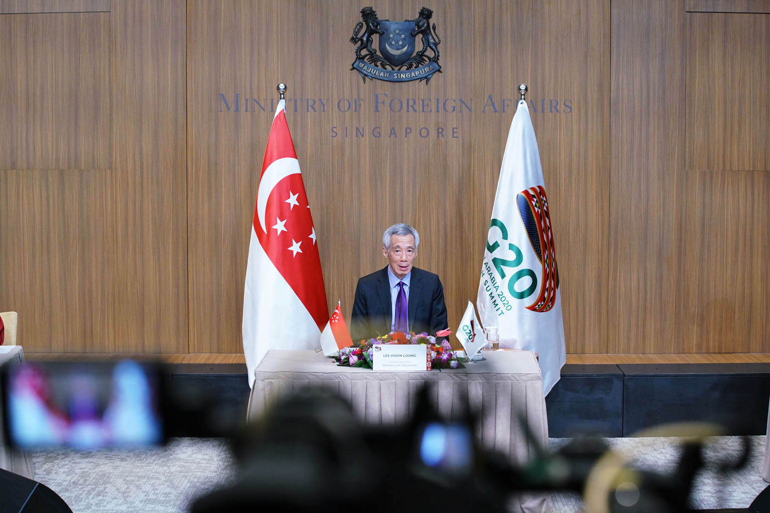 Prime Minister Lee Hsien Loong speaking at the virtual G-20 summit yesterday. PHOTO: MINISTRY OF COMMUNICATIONS AND INFORMATION