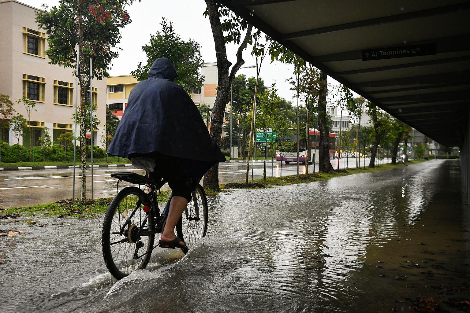 A cyclist at a sheltered walkway in Tampines Central 3 yesterday. More wet weather is expected for the second half of this month, as the monsoon rain band is forecast to remain over South-east Asia.