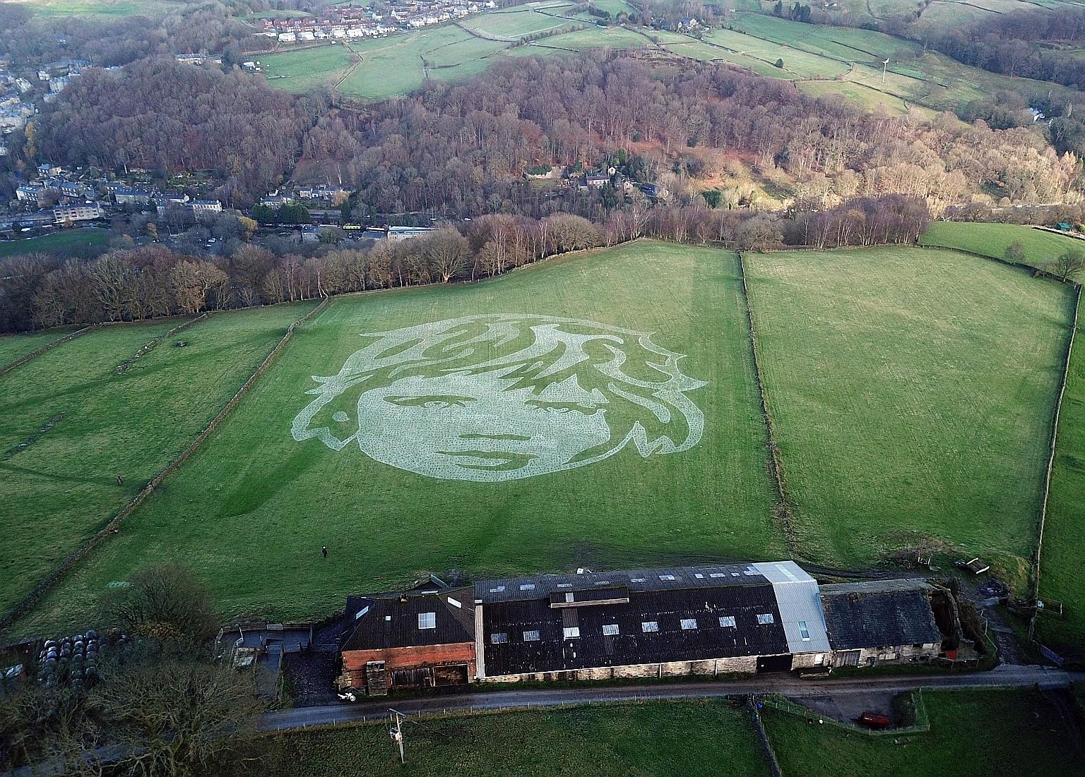 RAISING AWARENESS OF CHILDREN'S PLIGHT An aerial view showing an artwork entitled 6,000 Children by local art collective Sand In Your Eye, in Hebden Bridge, northern England, on Sunday. The artwork, supported by Unicef, was created over the course of