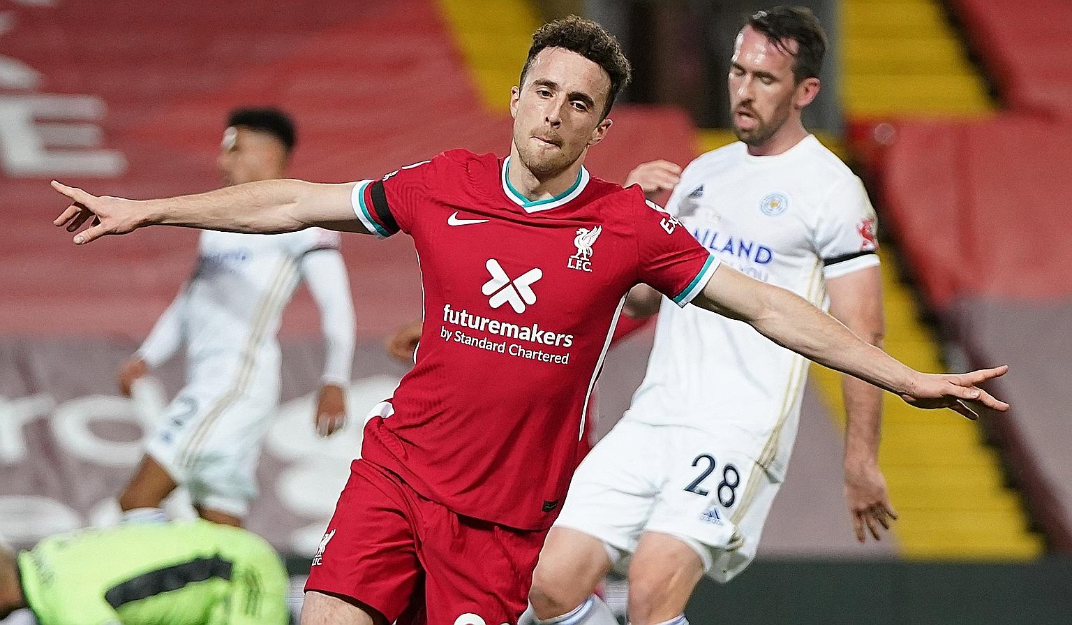 A delighted Diogo Jota after putting the Reds two up in their 3-0 win over Leicester on Sunday. There were 30 passes in the build-up to his goal.