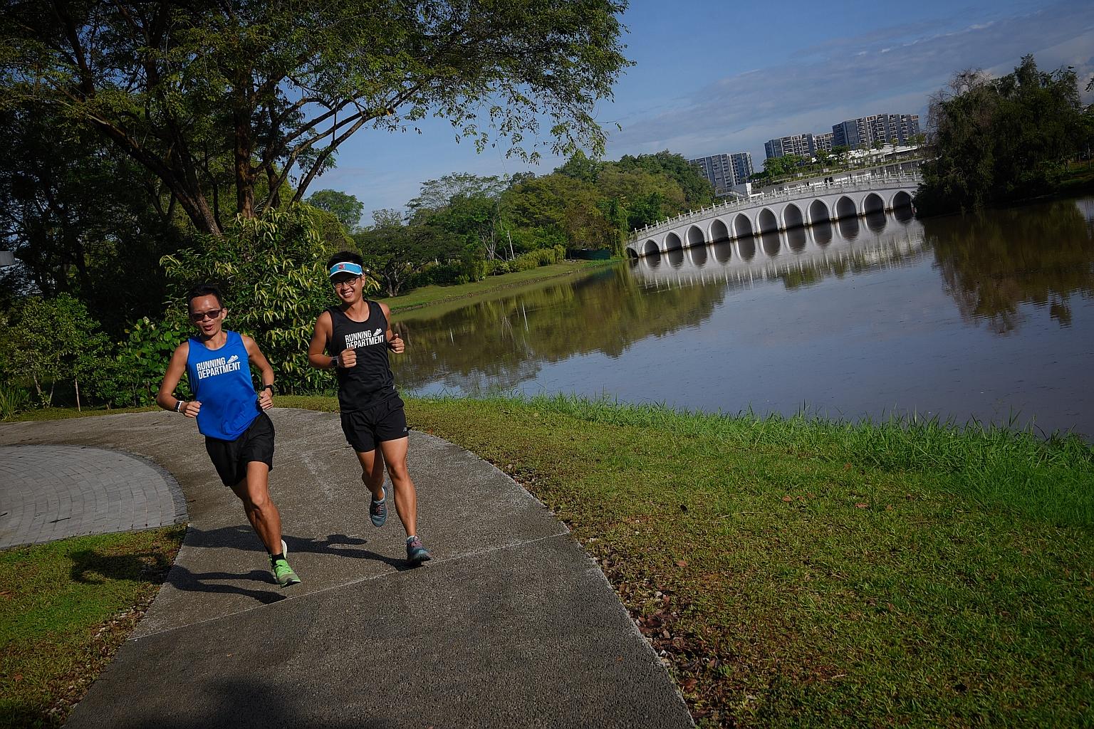 The White Rainbow Bridge at Jurong Lake (background) is among the scenic spots in a Culture Shapers route by the Ironman Group and Singapore Tourism Board, as part of the Standard Chartered Singapore Marathon.