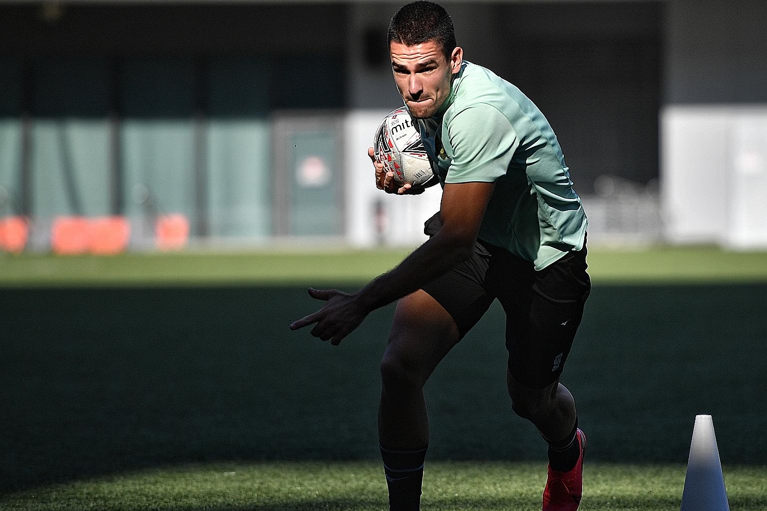 Forward Boris Kopitovic, training at Our Tampines Hub in March, will need to step up against Hougang with Jordan Webb ineligible.