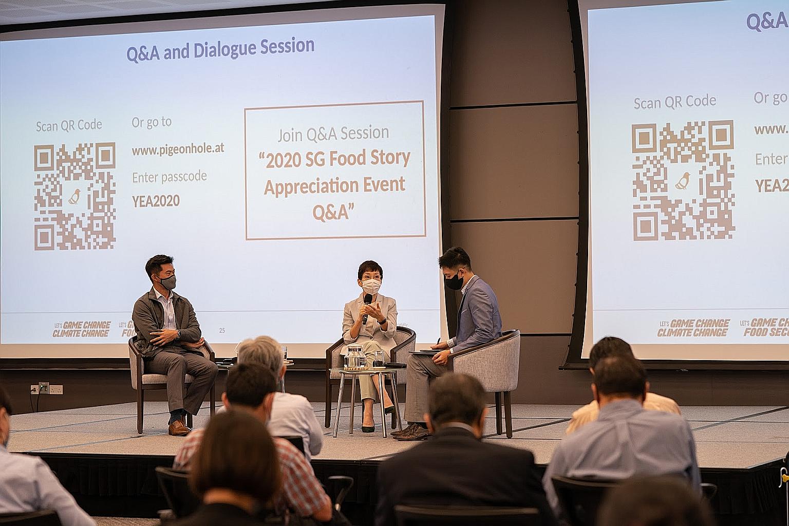 Sustainability and the Environment Minister Grace Fu and Minister of State for Sustainability and the Environment Desmond Tan (far left) at a Q&A yesterday moderated by Mr Darren Tan of urban farm ComCrop.