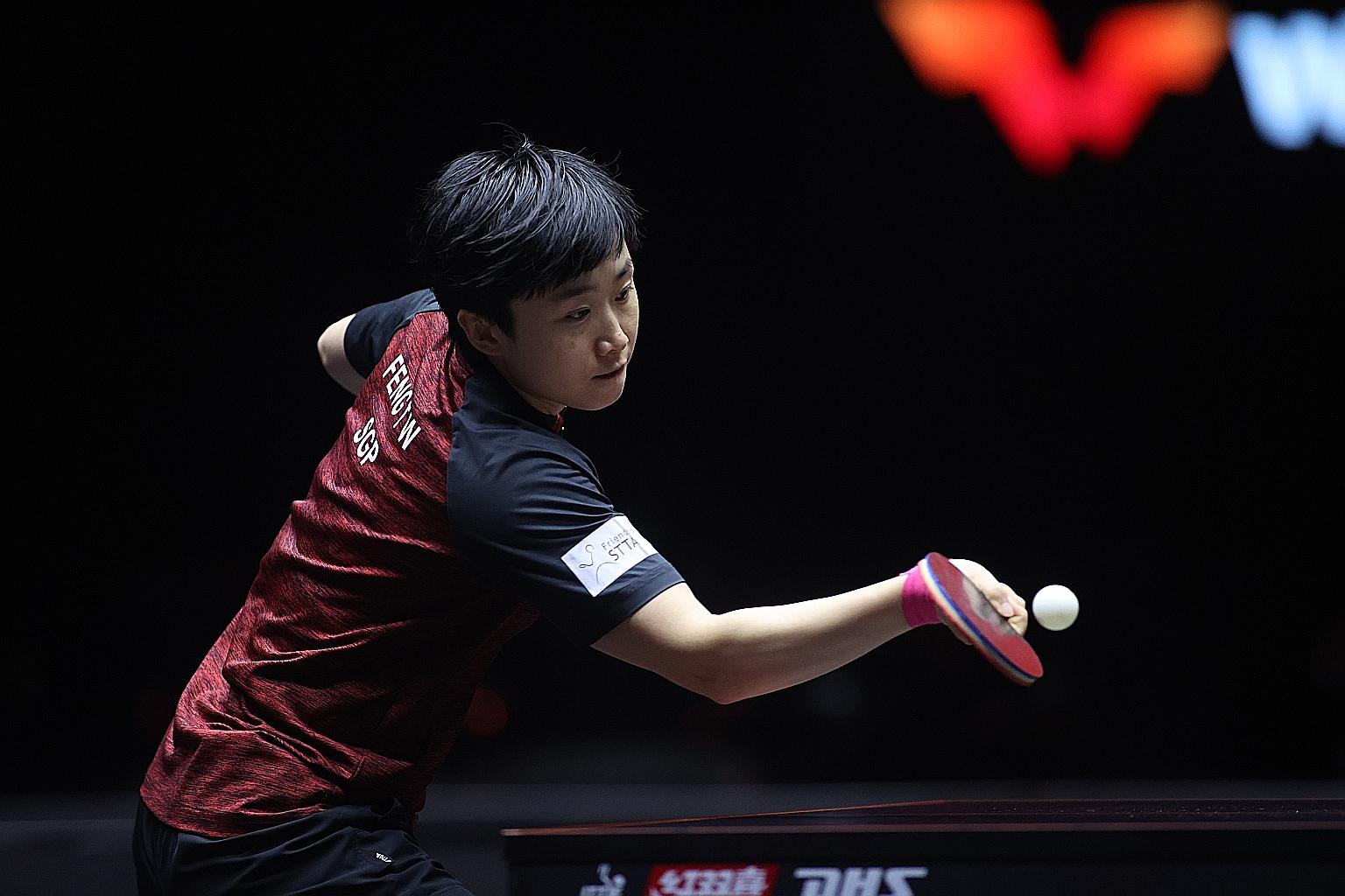 World No. 9 Feng Tianwei on her way to a comfortable 3-0 win over American world No. 27 Lily Zhang yesterday at the promotional WTT Macau showcase.