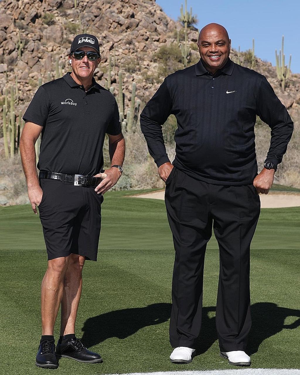 Happy winners Phil Mickelson and Charles Barkley outplayed Stephen Curry and Peyton Manning 4 and 3 in Arizona. PHOTO: PGATOUR/ INSTAGRAM