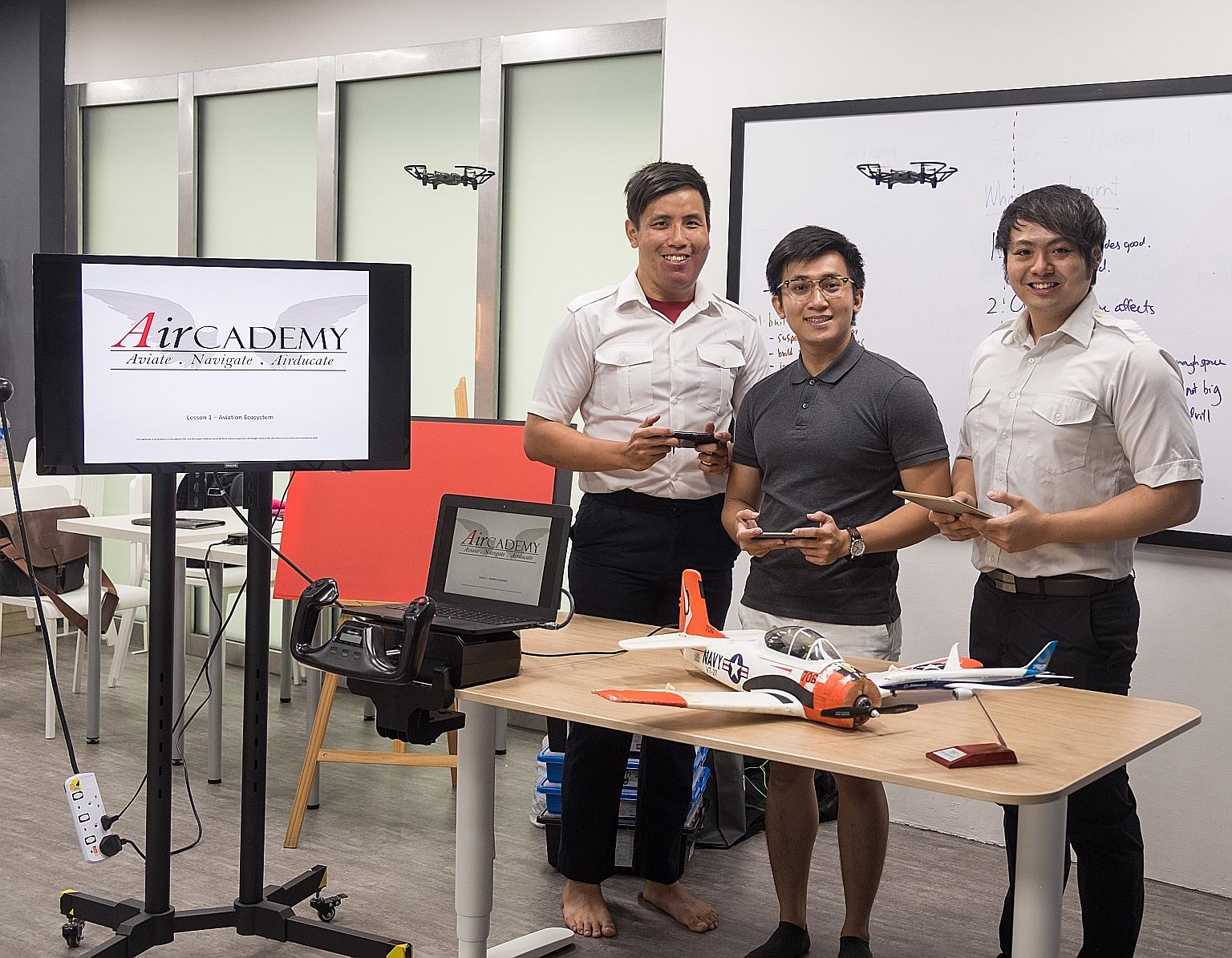 Aviation enrichment start-up Aircademy co-founders (from left) Jason Koor, Tan Xin Kai and Ku Pao Jung. The trio's focus is on contributing back to an industry they are passionate about, putting education first.