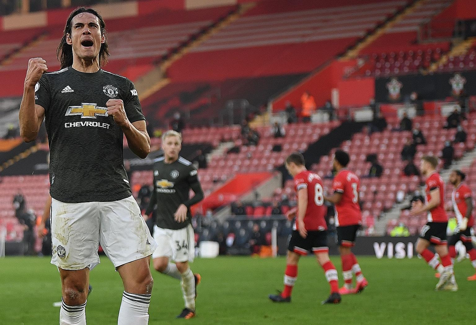 Manchester United striker Edinson Cavani celebrating his stoppage-time winner that gave Ole Gunnar Solskjaer's men a 3-2 victory at St Mary's Stadium yesterday. The substitute's brace - following a 59th-minute strike from Bruno Fernandes - completed