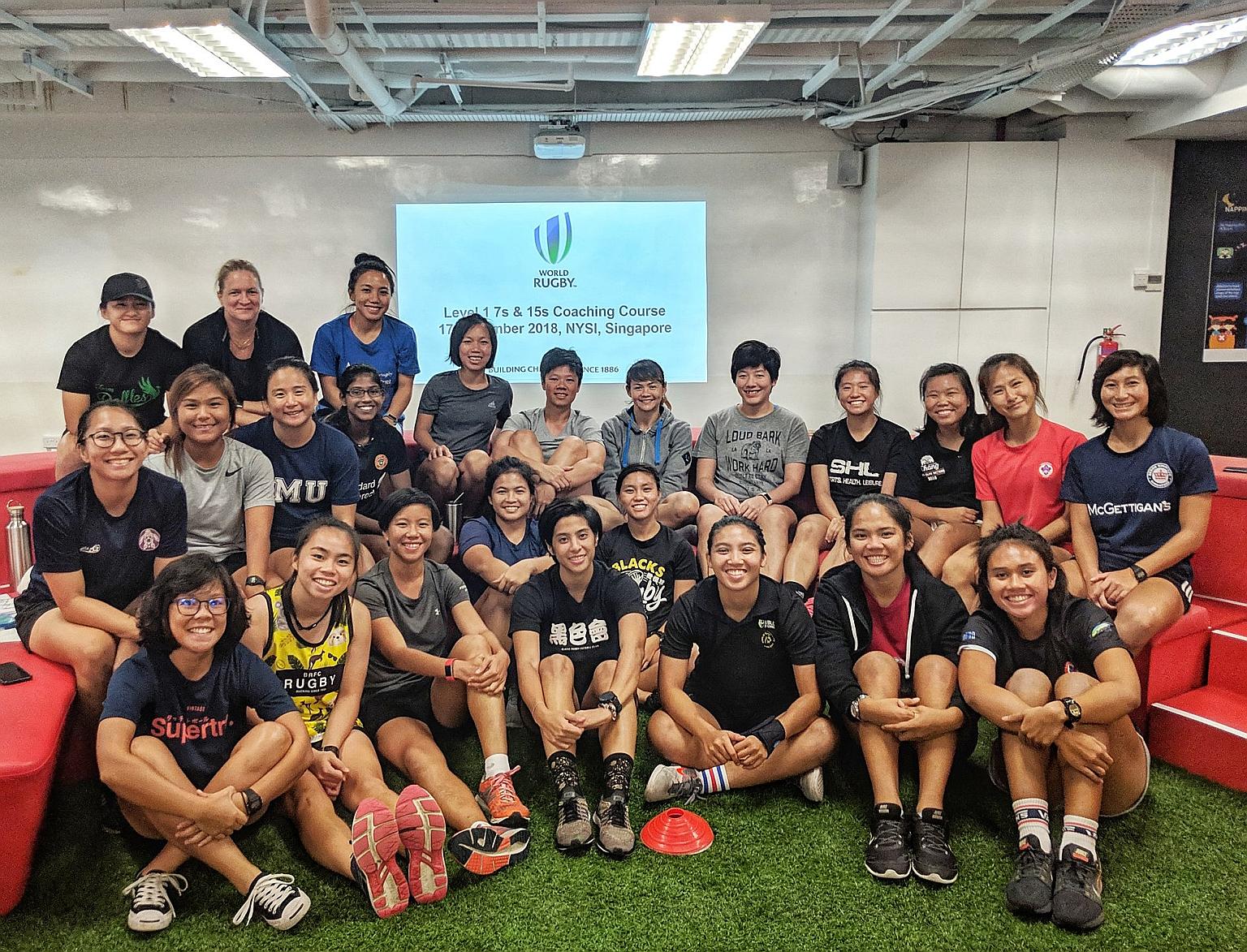 A World Rugby Level 1 Coaching Course conducted in Singapore in November 2018 saw 25 women sign up. They enjoyed a discount as part of World Rugby's Gender Inclusion Initiative. PHOTO: FACEBOOK/SINGAPORE WOMEN'S RUGBY