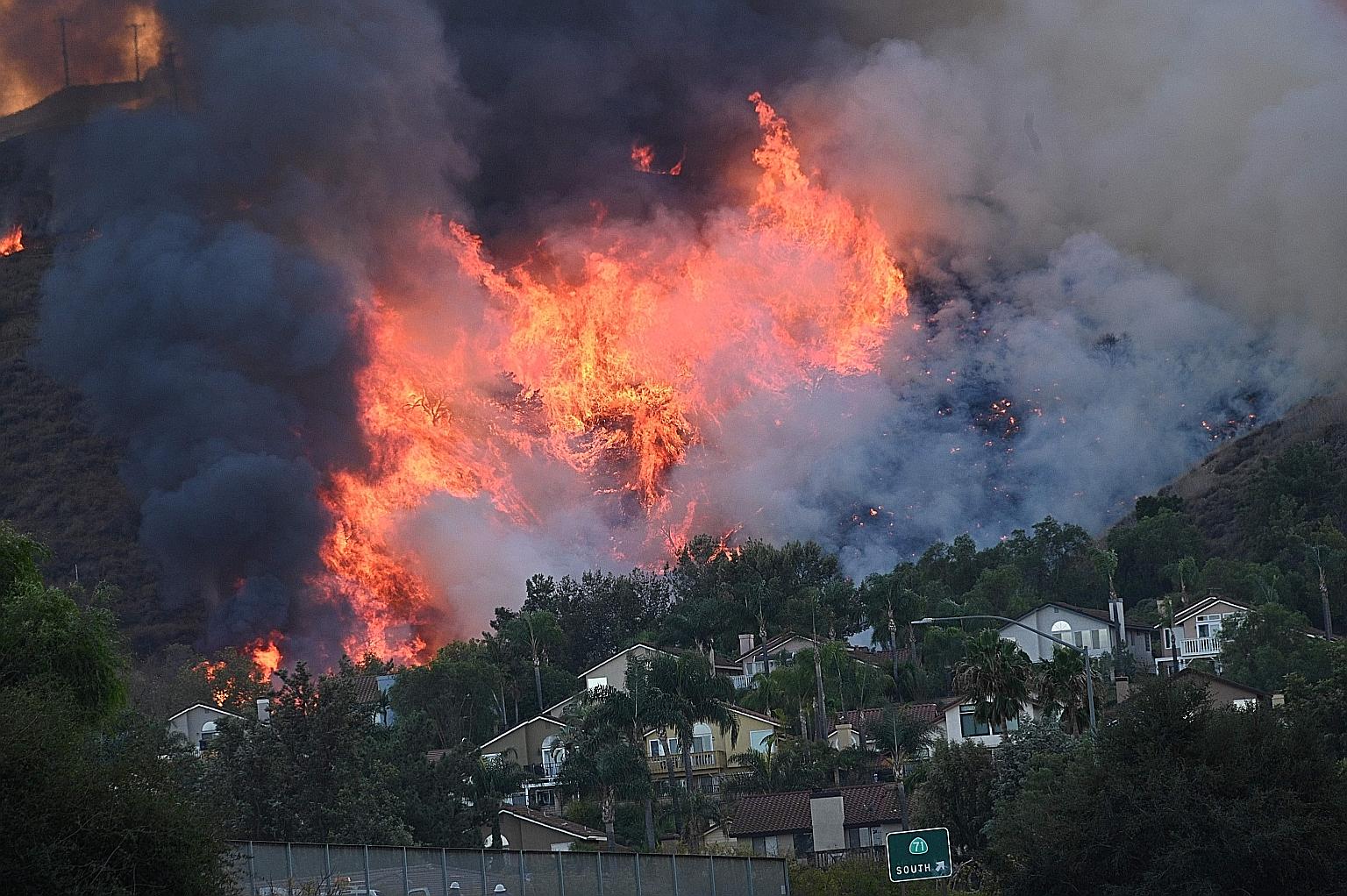Wildfires raging in California in October. According to a report by The Lancet, heat and drought are driving sharp increases in human exposure to wildfires. PHOTO: AGENCE FRANCE-PRESSE